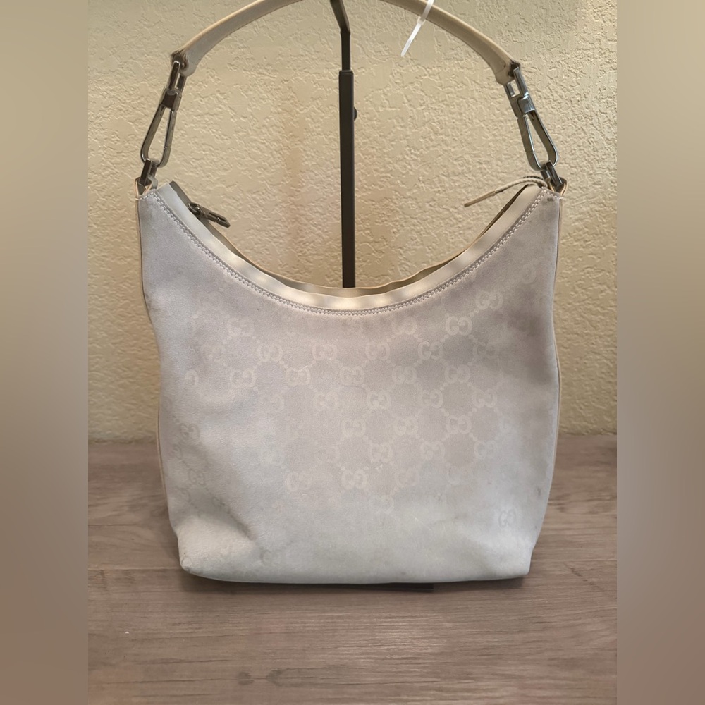 Gucci GG Monogram Shoulder Bag Silver Gray Canvas Silver Hardware